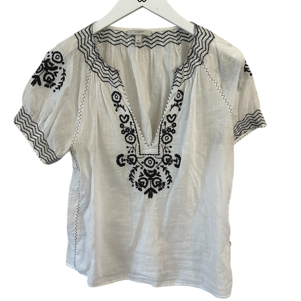 J. Crew White Blouse with Black Embroidery